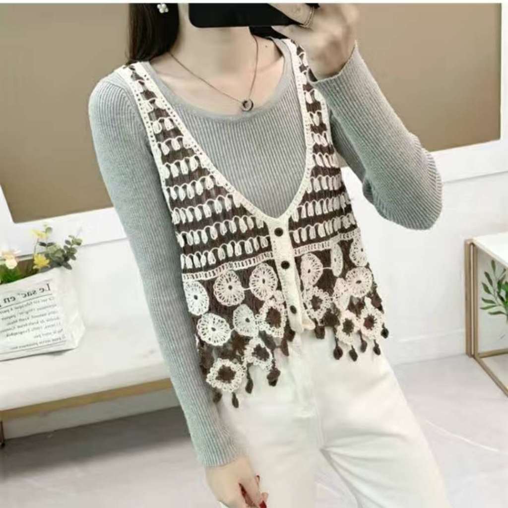 Rompi Rajut Kombinasi Hitam Putih Motif Lingkaran Vintage Korea