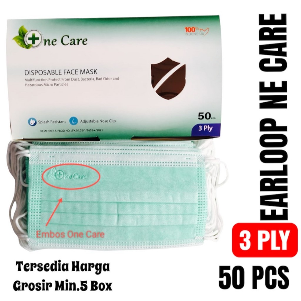 Masker Earloop One Care Warna Hijau 3 ply Isi 50 pcs