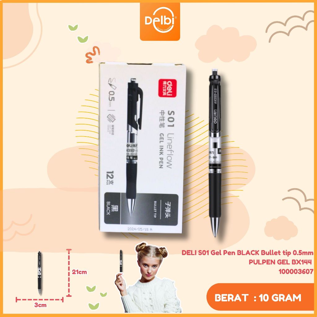 

Deli Gel Pen Pulpen Gel Retractable Warna Hitam 0.5 mm Desain Klasik dan Ergonomis S01 S01 Gel Pen BLACK Bullet tip 0.5mm