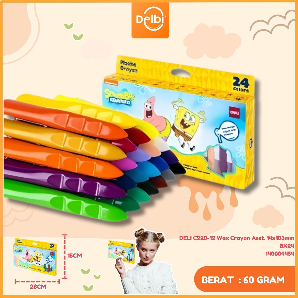 

DELI - CRAYON PLASTIC WARNA / PEWARNA CRAYON EC220 EDISI SPONGEBOB C220-12 Wax Crayon Asst. 14x103mm C220-24 Wax Crayon Asst. 14x103mm