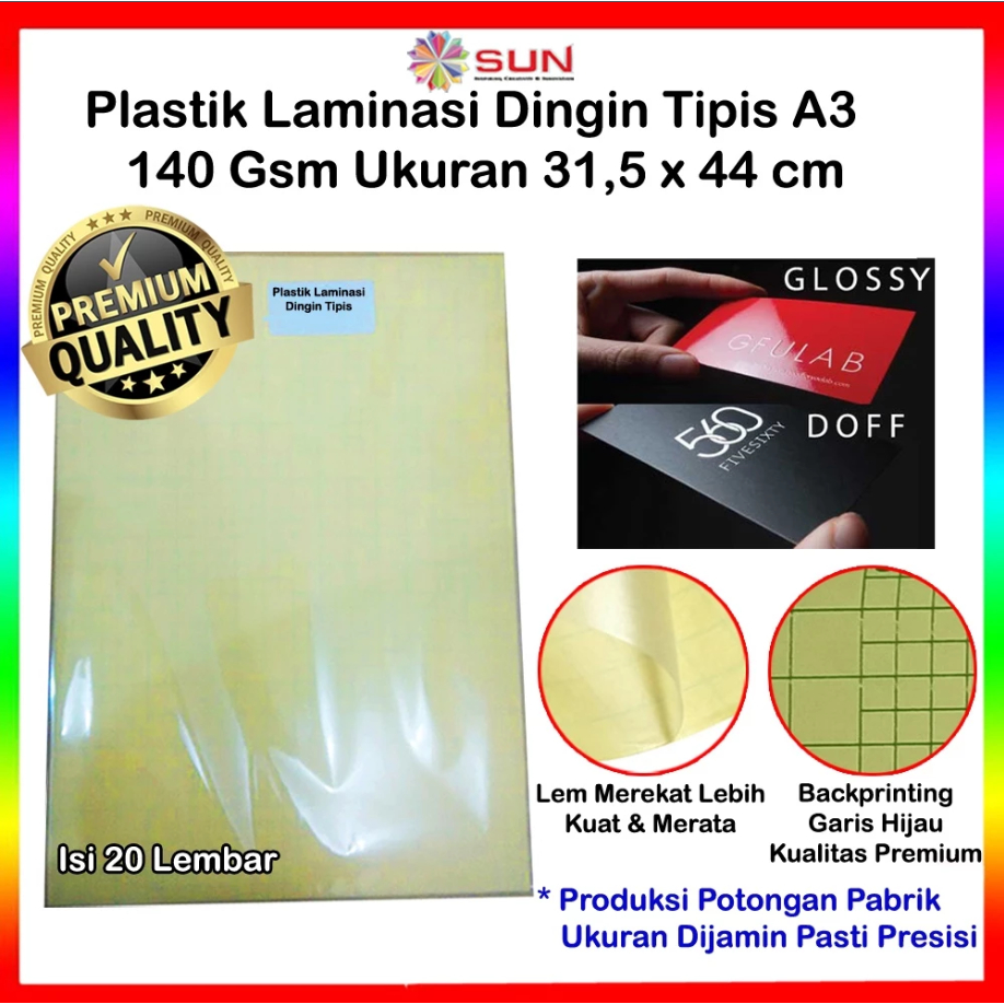 

Plastik Laminasi Dingin Tipis A3 isi 20 lembar - Motif Glossy, Doff ( Sticker Bening Transparant Pelapis Kertas Foto Glossy Photo Paper )