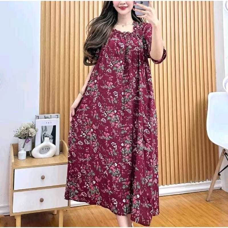 LONG DRESS DASTER FUJI KERUT LENGAN PENDEK JUMBO MOTIF BUNGA