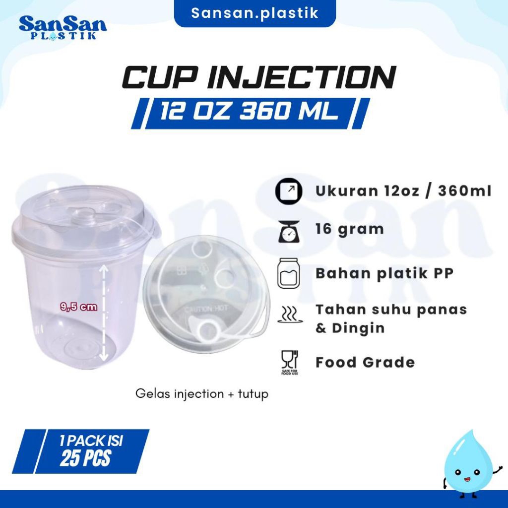 Cup Injection 12 oz Oval + Lid Strawless / Gelas Injection 360ml isi 25 pcs