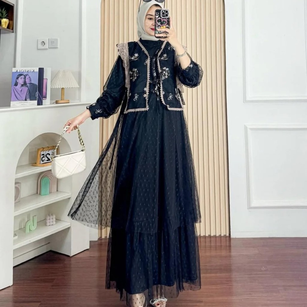 Sella Dress Tille Mix Brukat Full Puring Outer Aplikasi rompi Renda/Gamis lebaran model baru 2025 vi