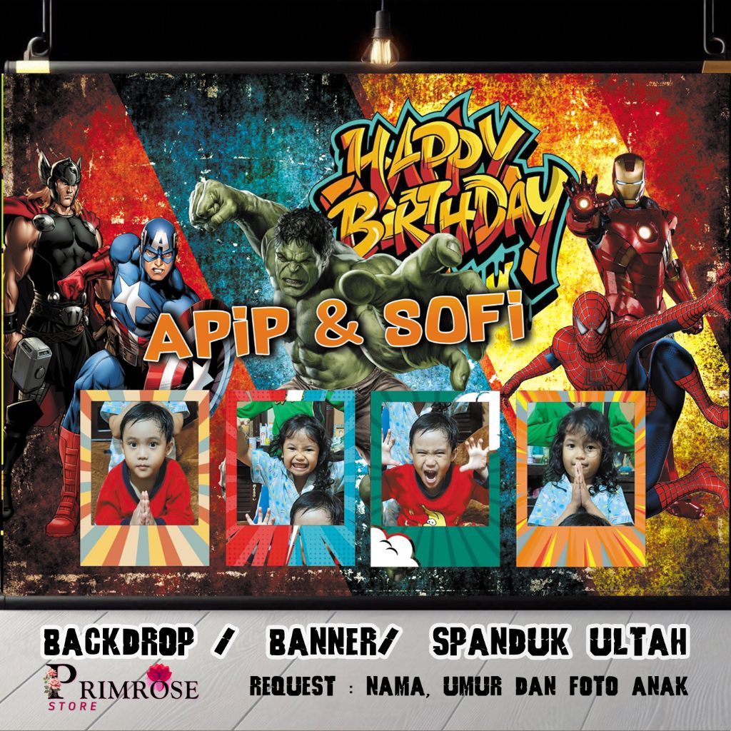 spanduk ulang tahun anak spanduk birthday avenger superhero banner hulk captain america ironman