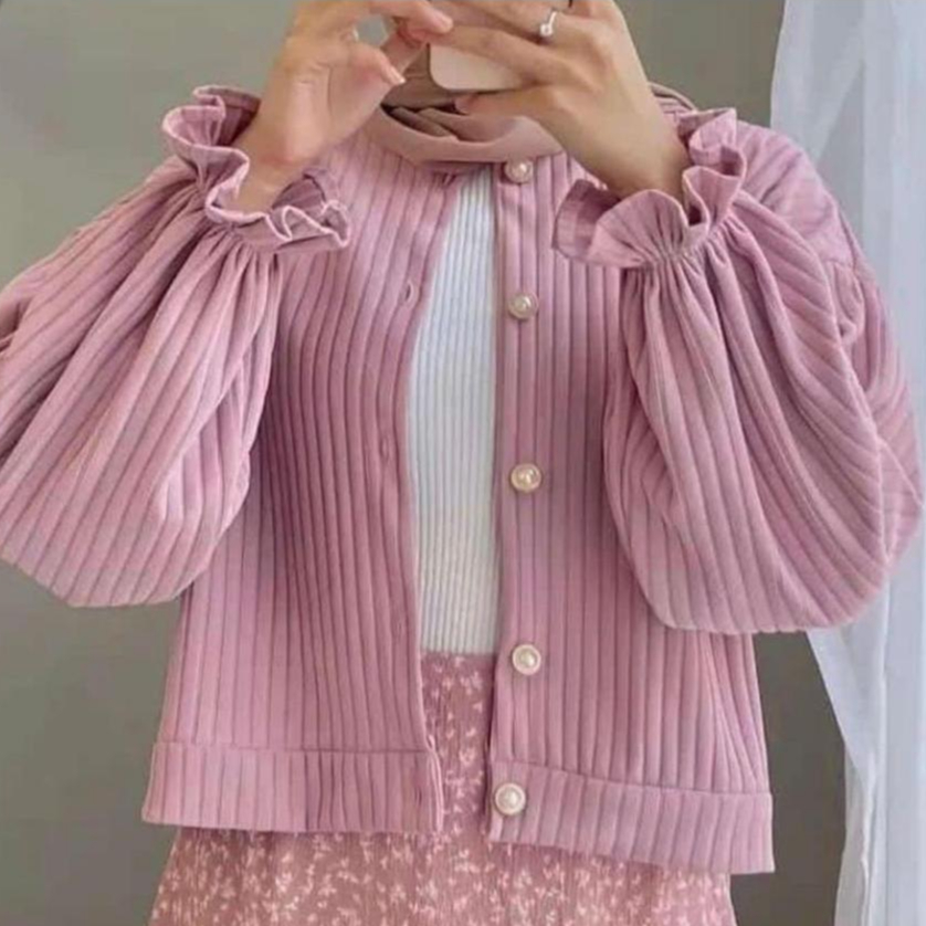 Cardigan Crop Top Hornet Kancing Lengan Panjang Kerut Balon Wanita Knit Kardigan
