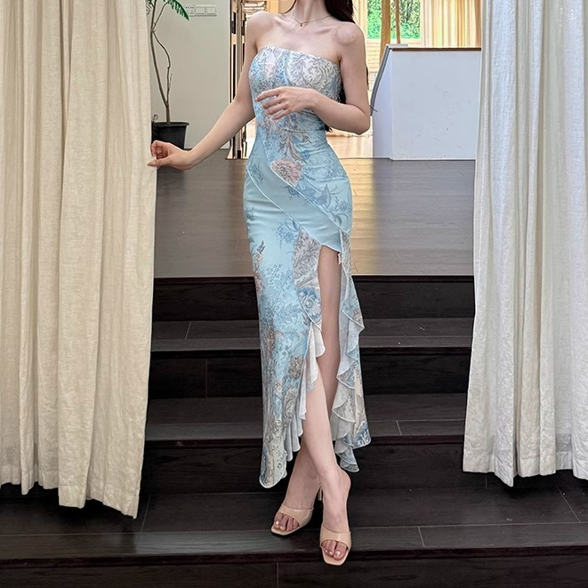 Off Shoulder Blue Dress Sleeveless Long Sexy Pink Soft Cocktail Dress Biru Wanita Pattern Korean Sum