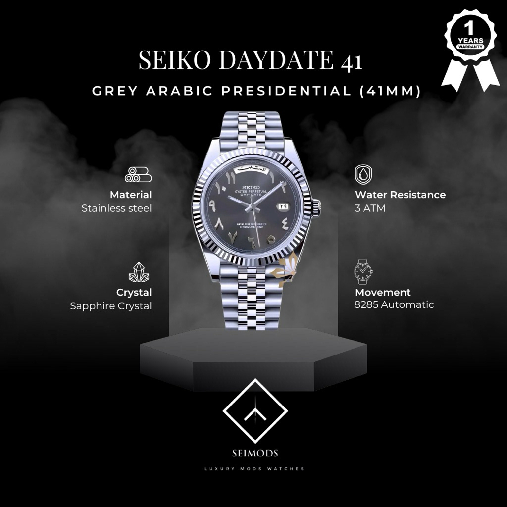 Jam Tangan Seiko Mod Daydate Grey Arabic 8285 Automatic Watch 41