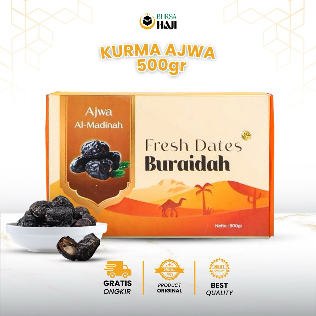 

Kurma Ajwa 500 Gram Premium Segar Asli Madinah | Kurma Raja | Kurma Nabi | Buraidah
