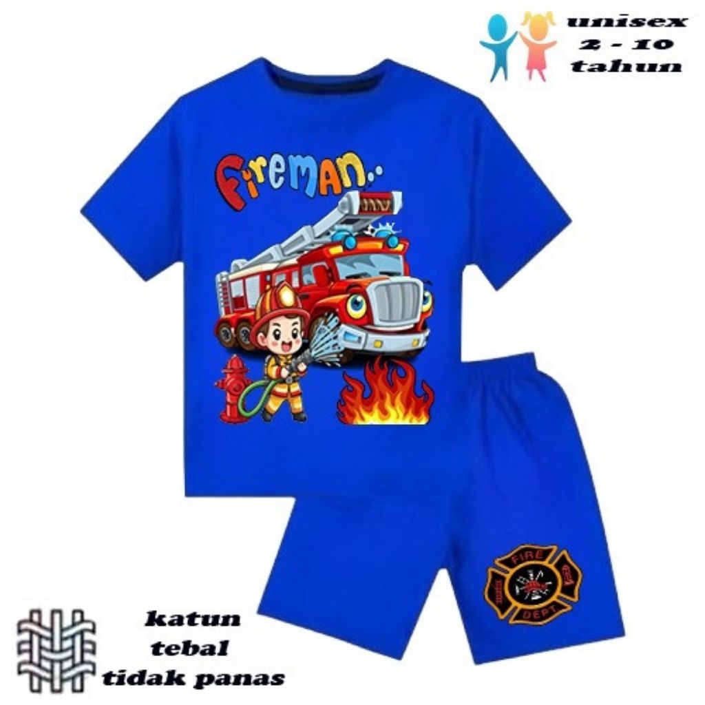 setelan baju anak laki-laki perempuan baju kaos anak laki-laki perempuan motif mobil pemadam umur 6 