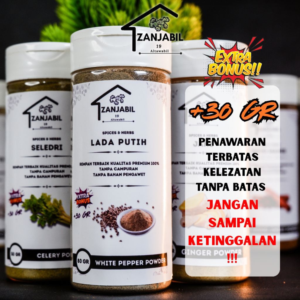 

Lada Putih Bubuk Organik Zanjabil 80gr + BONUS 30gr Rempah Dapur Premium Non MSG Tingkatkan Imun Alami
