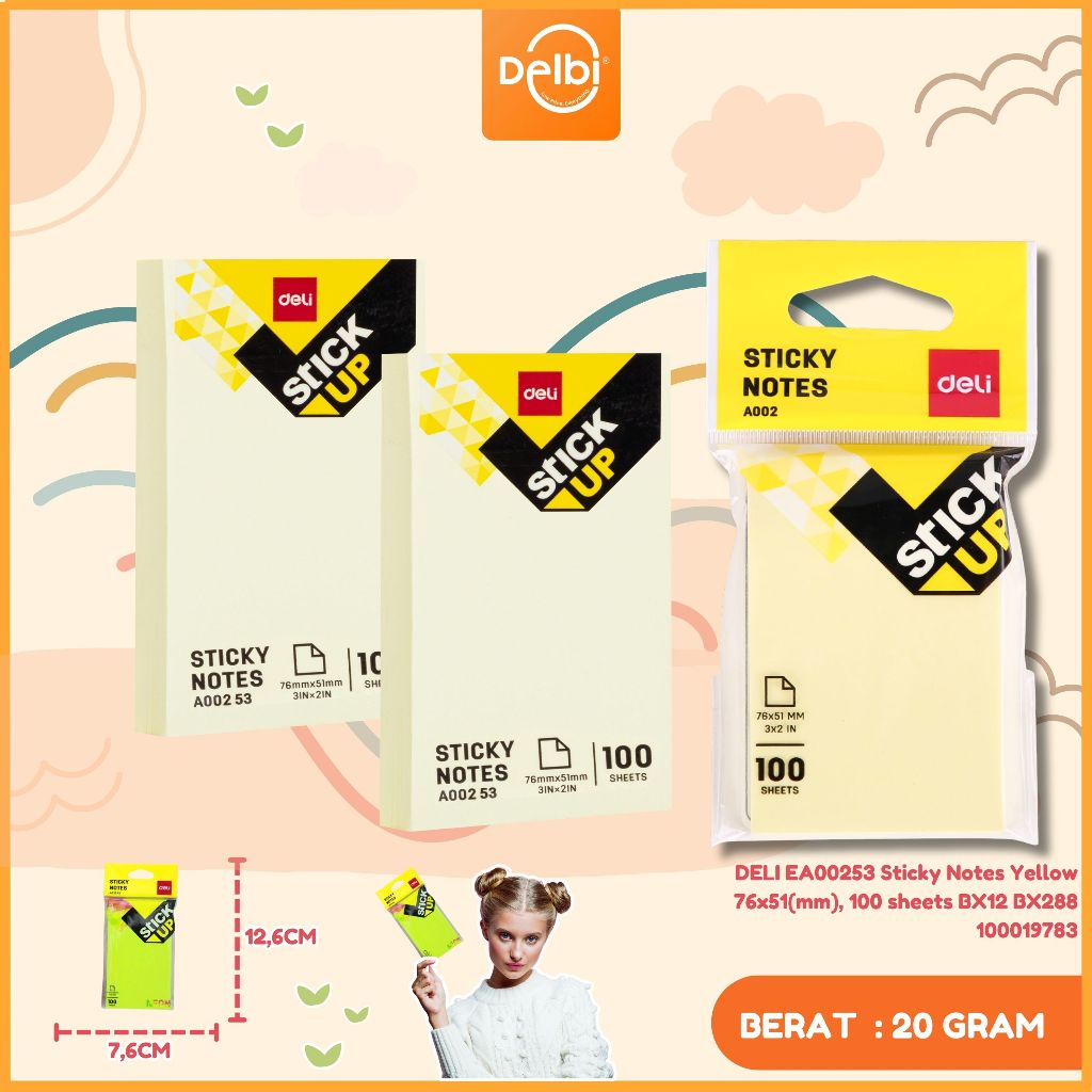 

Deli EA00253 Memo tempel - Sticky Notes 76×51mm 3''×2'' 100 sheet DELI EA00253 Sticky Notes Yellow 76x51(mm), 100 sheets