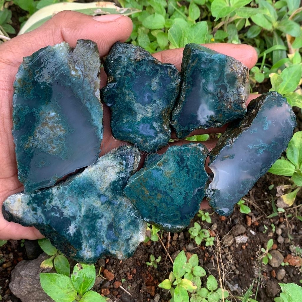 batu moss agate hijau bermotif pemandangan unik antik / bongkahan batu moss agate hijau / batu moss 