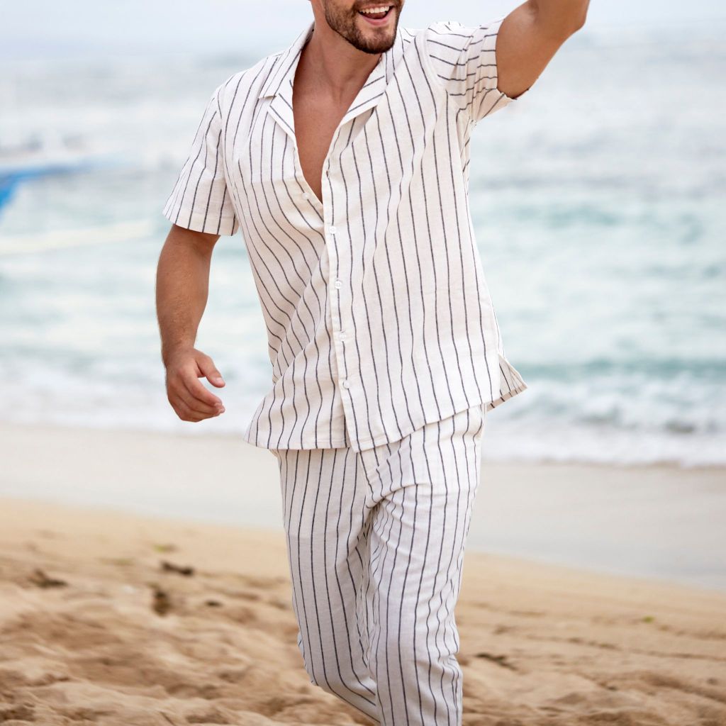 REMEDY Setelan Linen Pria Kemeja Celana Panjang Garis Krem Gaya Kasual Santai - Stone Linen Set Stri