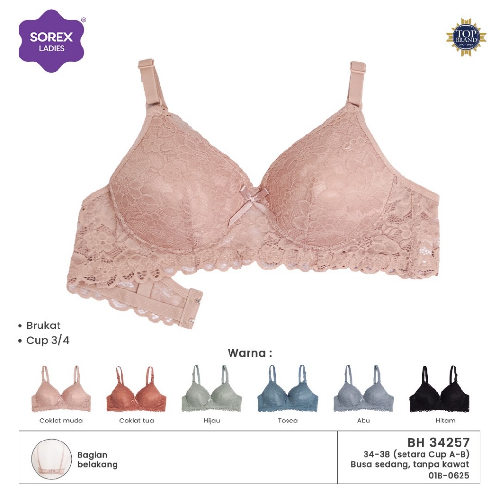 Bh Bra Sorex 34257 , 18252 Cup A (34-38) Kait 2 Brokat | Busa Sedang Tanpa Kawat |jyj