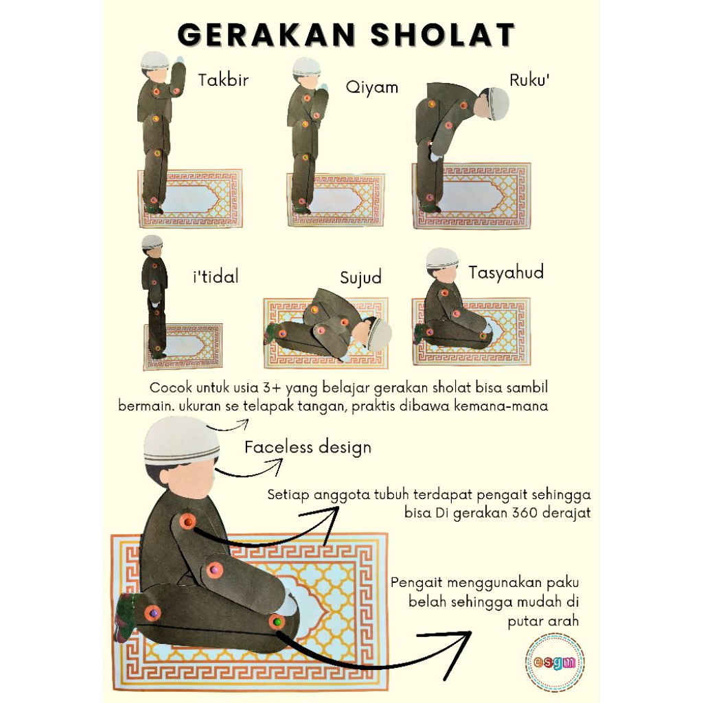 esgm.id | mainan gerakan sholat dari kertas | fleksibel | boneka | gerakan sholat | bisa di putar-pu