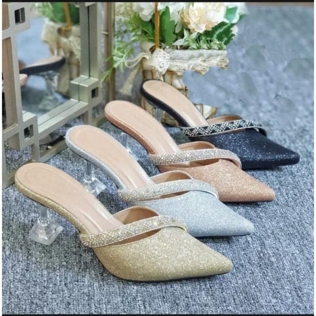 Sendal Heels Wanita Hak Kaca 7Cm Jumbo Big Size 41 42 43 44 45 Bapau Kerucut NM17