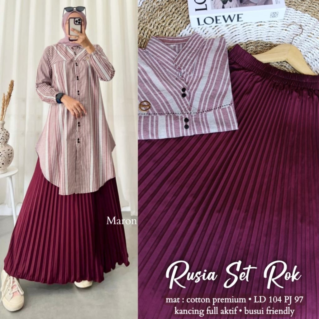 RUSI-A SET ROK - Setelan Atasan Tunik Garis Kancing Aktif Bahan Katun + Rok Plisket Premium Ootd Cas