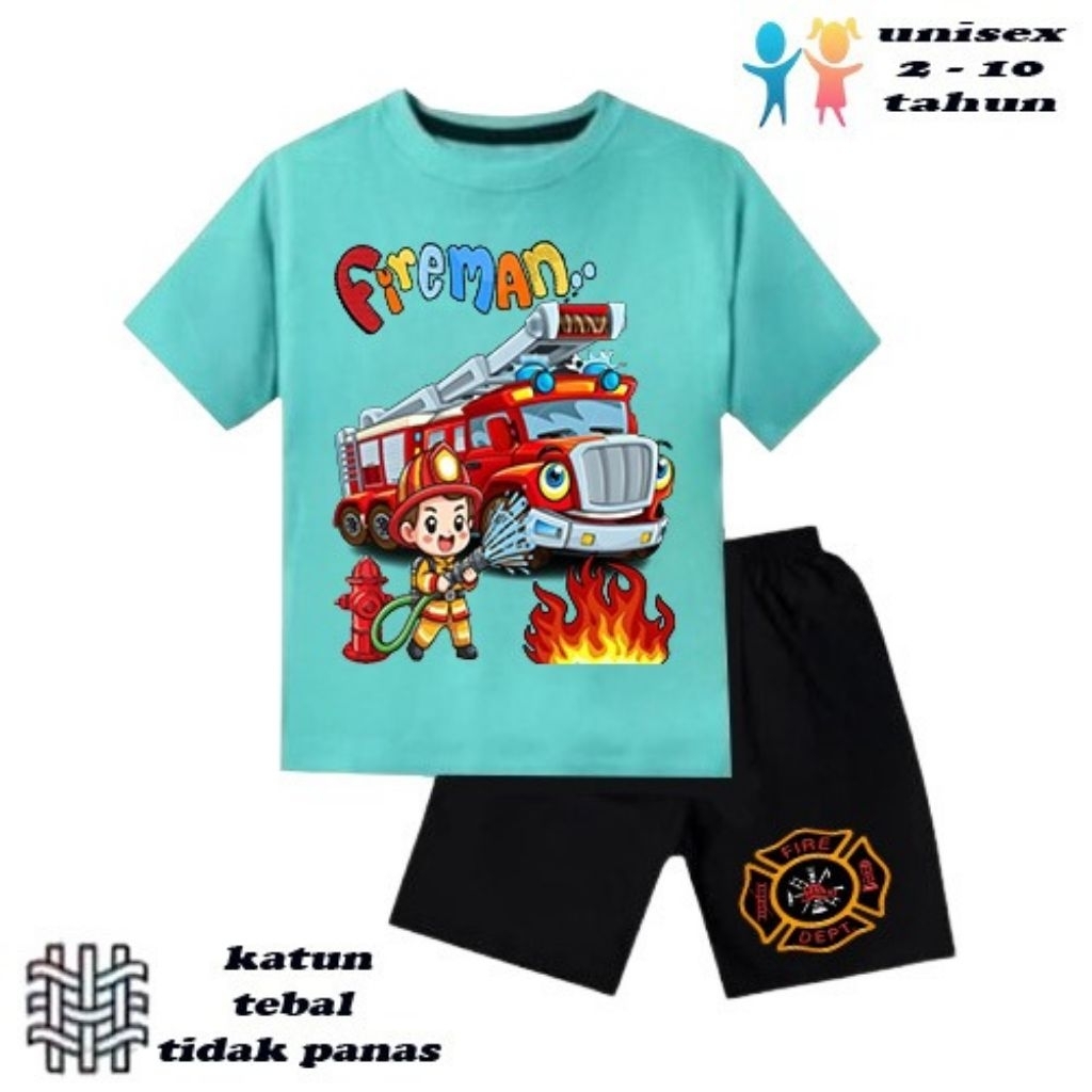 setelan baju anak laki-laki perempuan baju kaos anak laki-laki perempuan motif mobil pemadam umur 6 