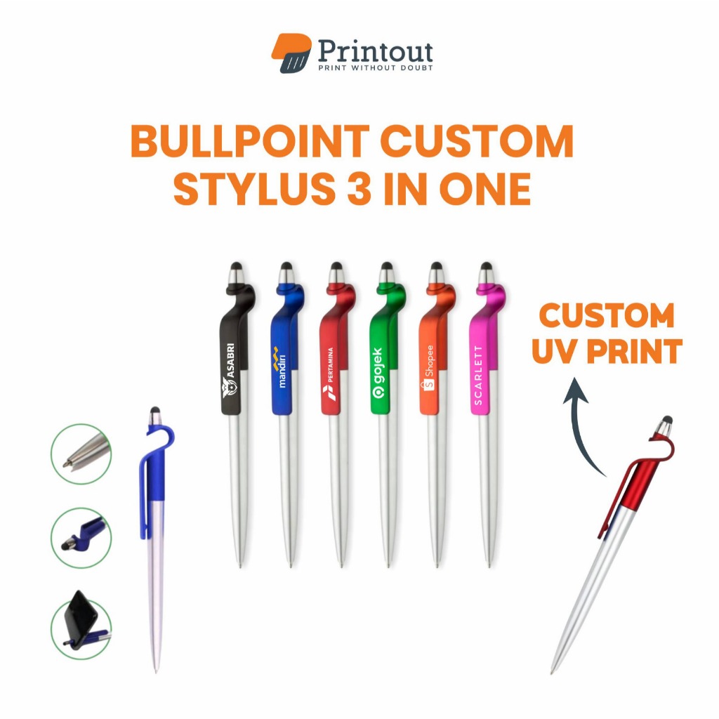 

Printout Custom Pulpen Bullpoint Stylus 3 in 1 | Cetak Custom Pulpen Bullpoint Desain Logo & Nama | Pulpen Bullpoint Souvenir