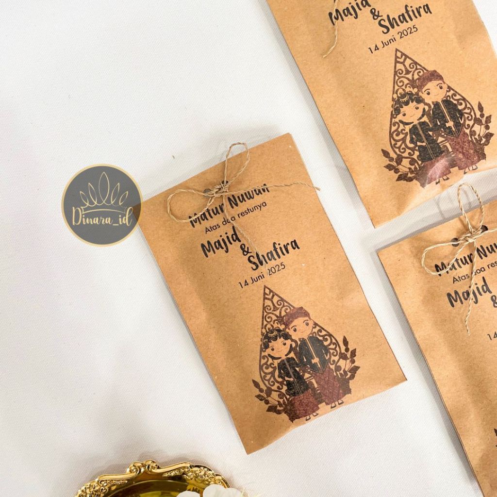 

Ekstra Packaging Paper Pouch Souvenir Penikahan Custom Desain Handle Tali Rami Lucu Kekinian