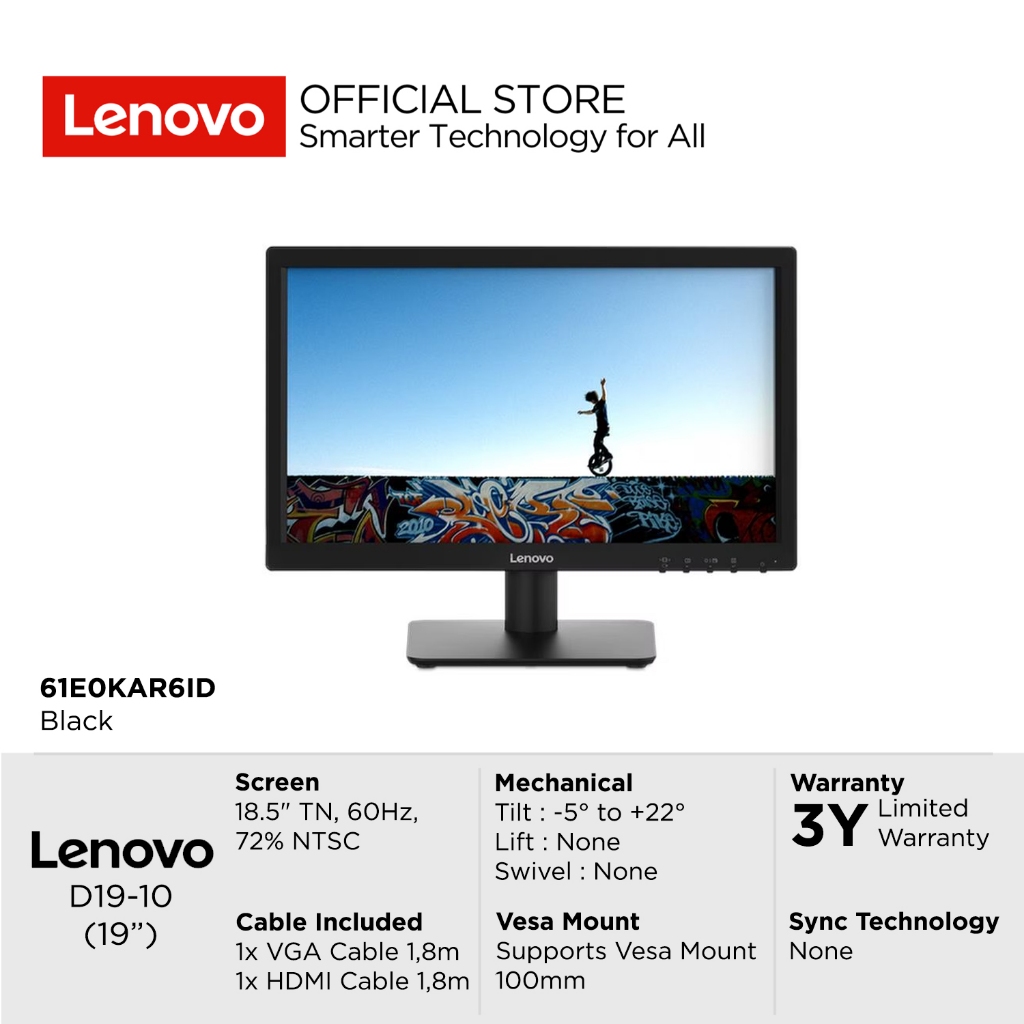 Lenovo Monitor D19-10 18.5" 1366x768 TN WLED Antiglare 60Hz 72% NTSC Supports VESA mount Stand Suppo