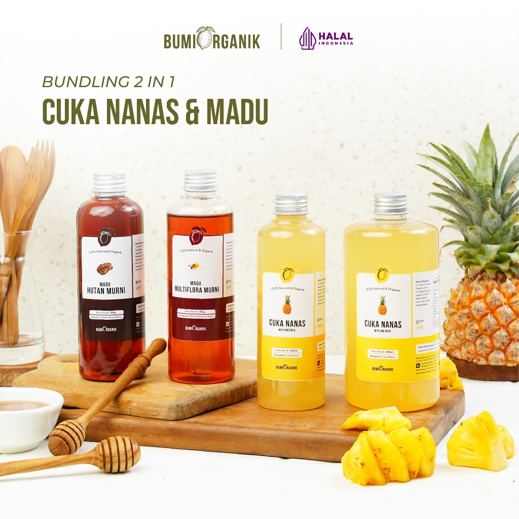 

PAKET 2 IN 1 CUKA NANAS ORGANIK 500ML MADU HUTAN / MULTIFLORA BUMI ORGANIK UNTUK DIET WAJAH LAMBUNG ORIGINAL HALAL VINEGAR ALAMI PINEAPPLE CIDER VINEGAR WITH MOTHER MADU SUPER ASLI NUTRIFARM BEORGANIK DARIBUMI TAHESTA BRAGG HEINZ HNI ATTAUBAH AL HIDAYAH