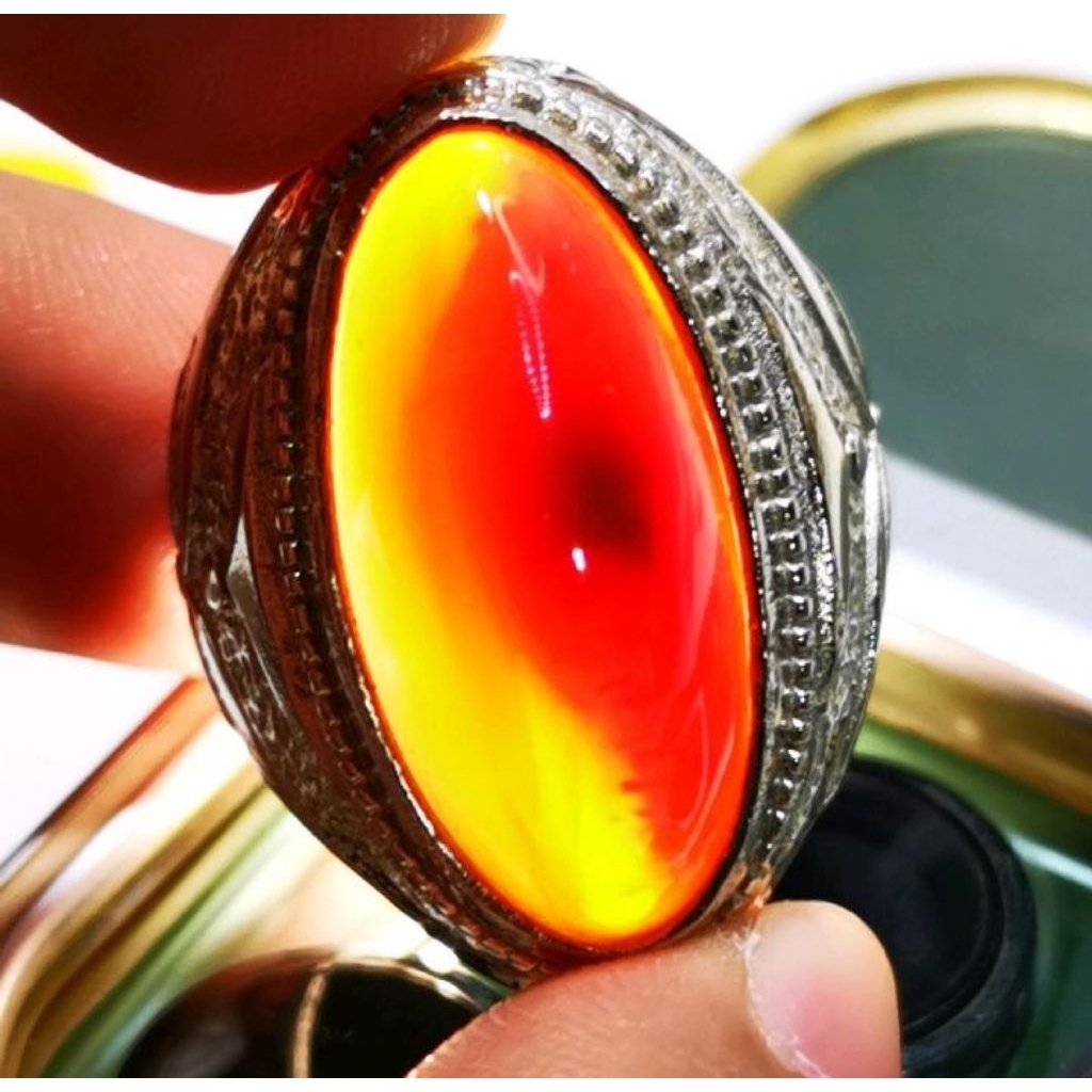 Cincin batu akik natural pandan merah kapas kristal (Ring Monel)