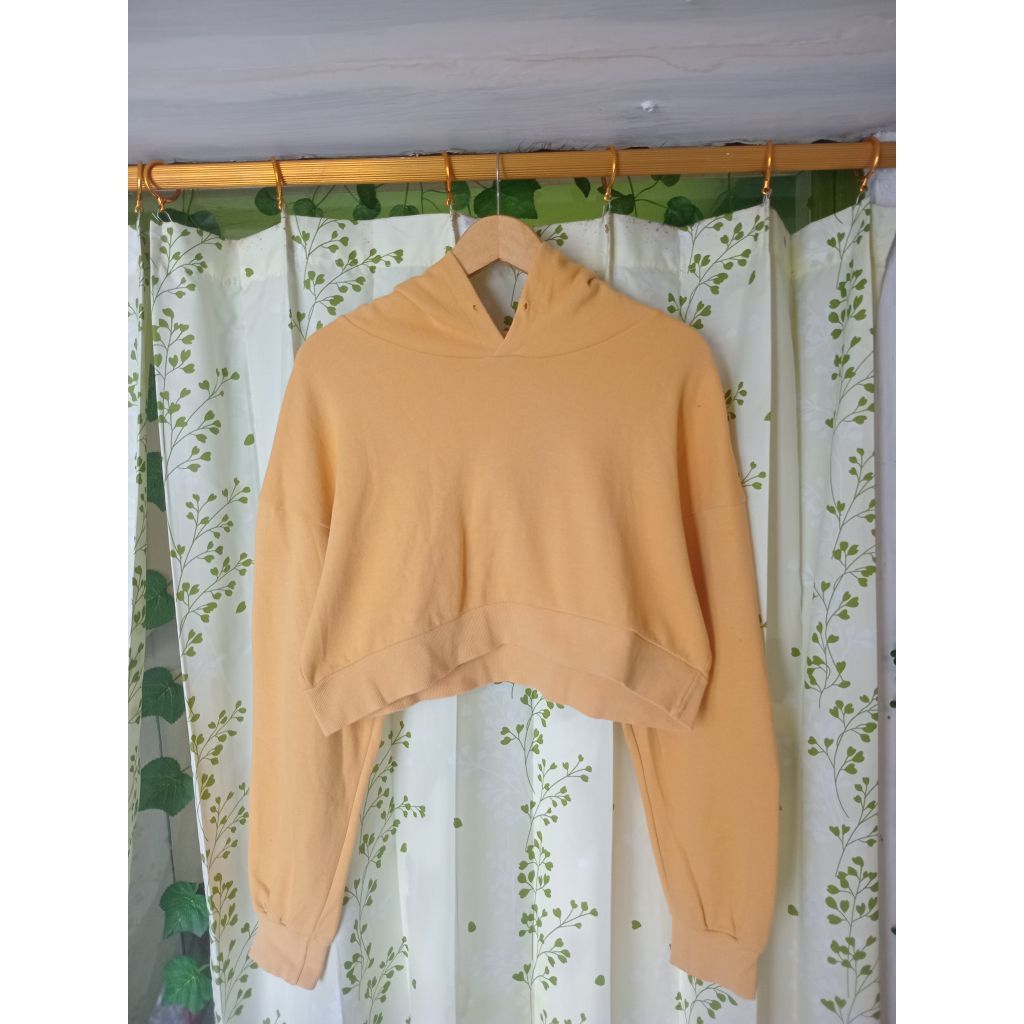 sweater hoodie crop yellow soft lengan panjang