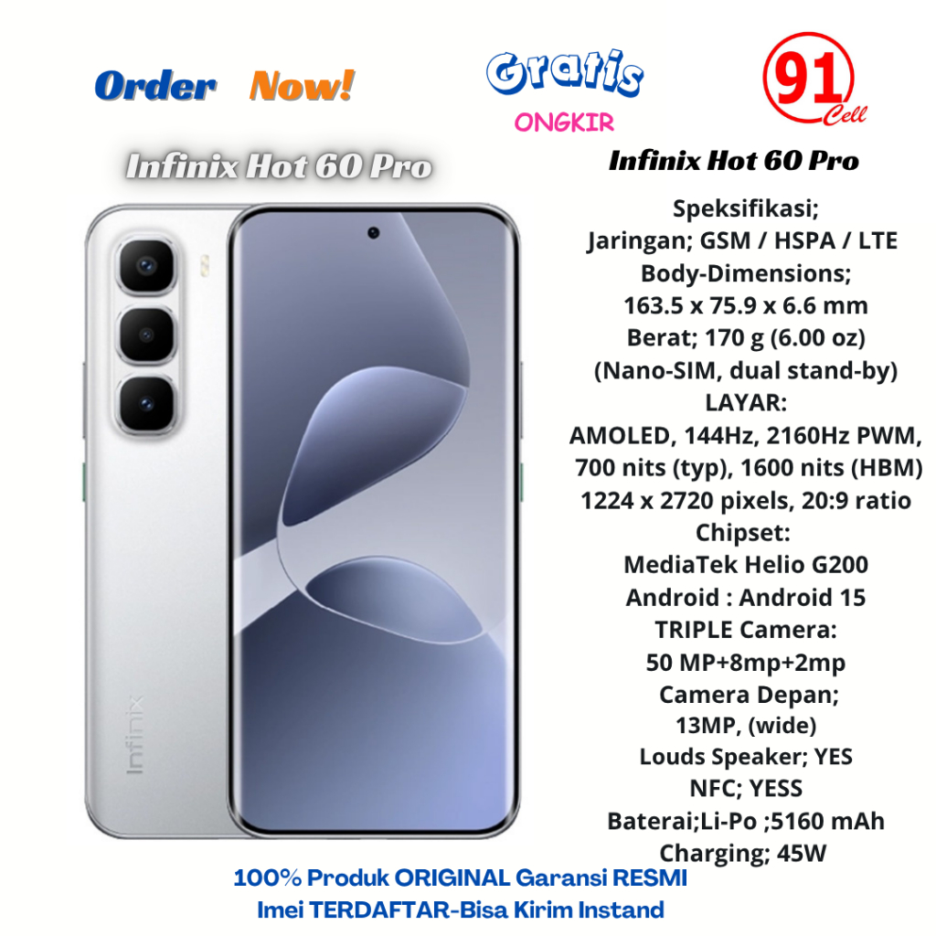 Infinix Hot 60 Pro 4G Original Ram8/256Gb & Ram8/128Gb Garansi Resmi
