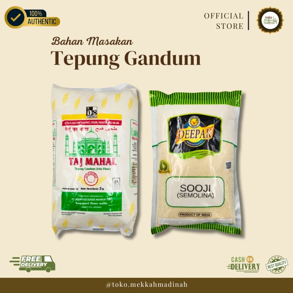 

Taj Mahal Tepung Gandum Serbaguna 2kg & Deepak Sooji Semolina 500gr Bahan Masakan Chapati Paratha Roti India Kualitas Premium