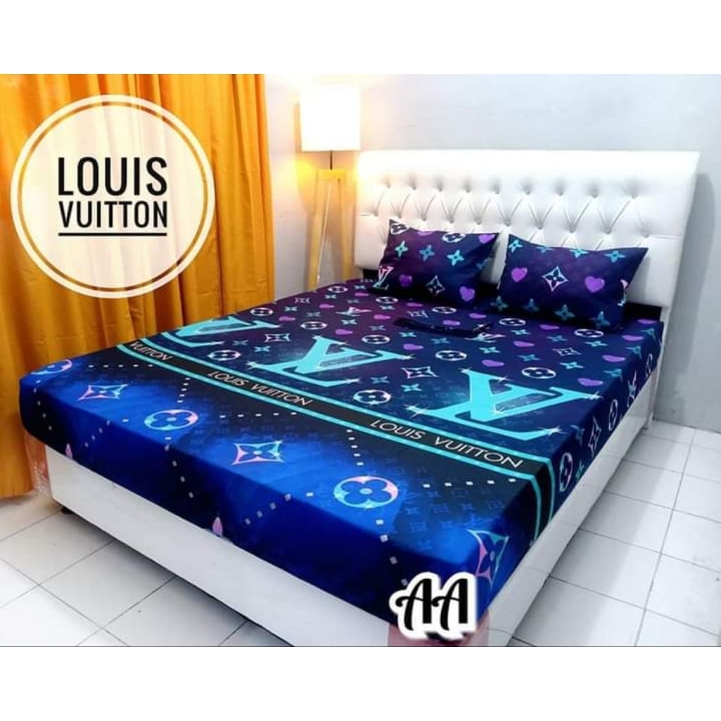 SPREI KARET KATUN PREMIUM 90/100/120/140/160/180/200 Motif Brand LV Louis Vuitton blue biru