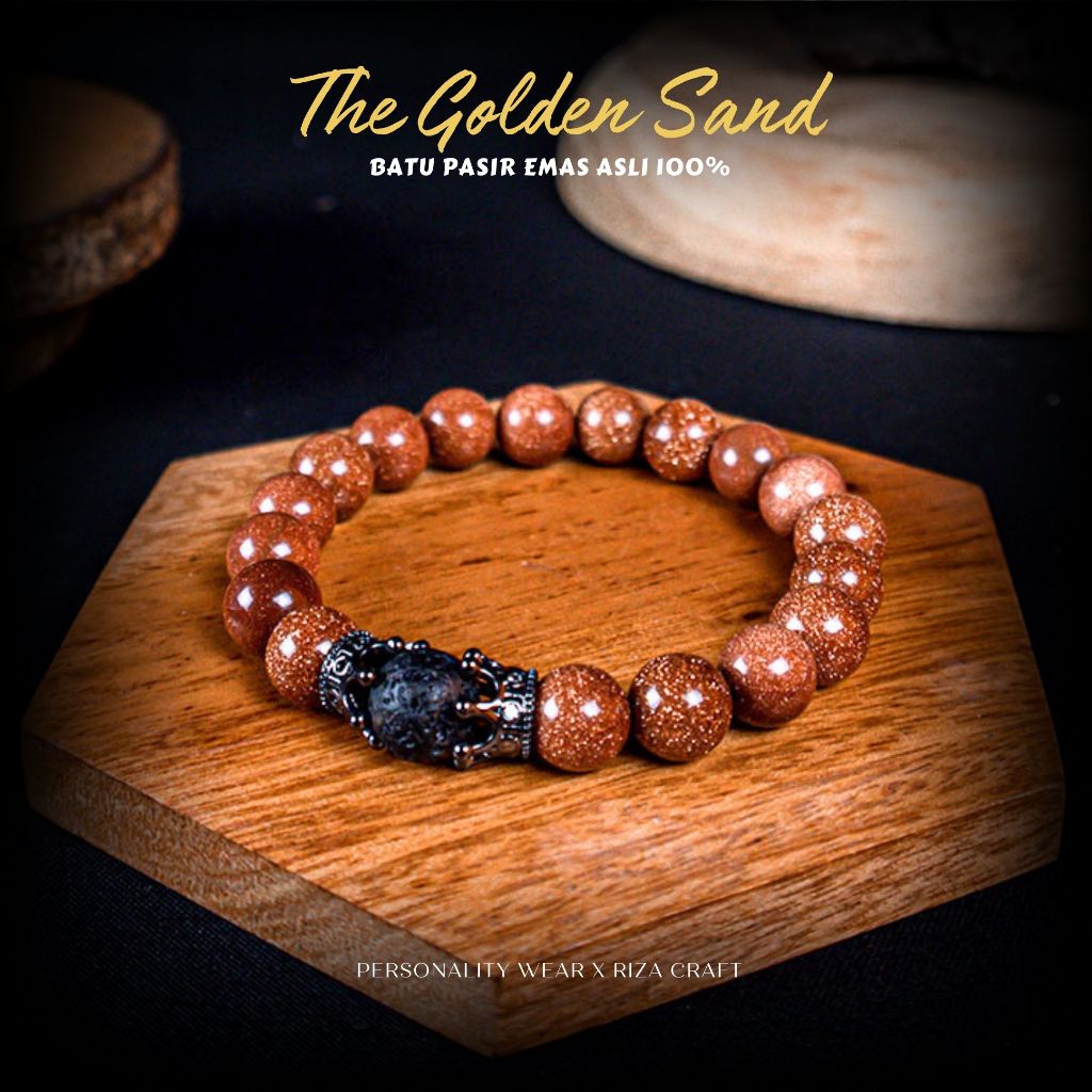 Gelang Pria Wanita Cowok Cewek Keren Simple Dewasa Batu Pasir Emas dan Lava Rock Hitam ASLI Alam Nat