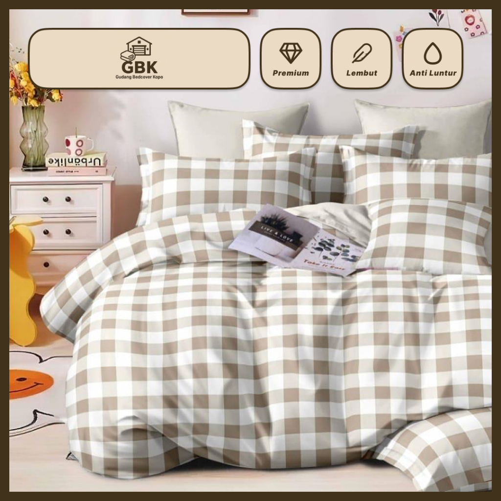 GBK - Bedcover Set 180 x 200 Sprei Sarung Bantal Guling Bahan Microtex Premium Motif Kotak Firmo Cok