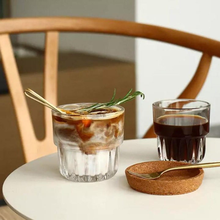 Gelas Kaca Kopi Teh Cafe Tebal Bulat Garis Mug Kaca Cangkir Minuman Motif Bening Transparan