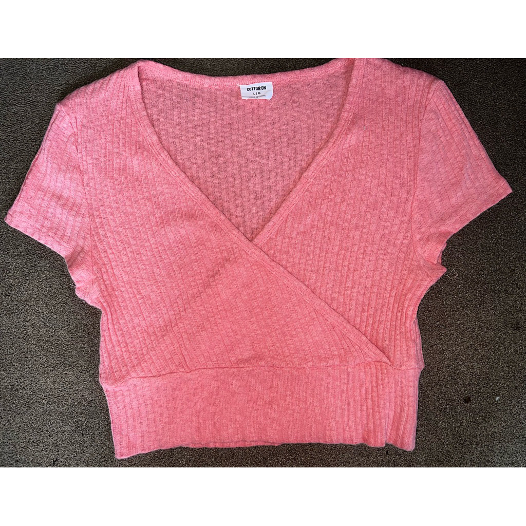 Kaos Preloved Cotton On Wanita – Crop Wrap Top Ribbed Pink