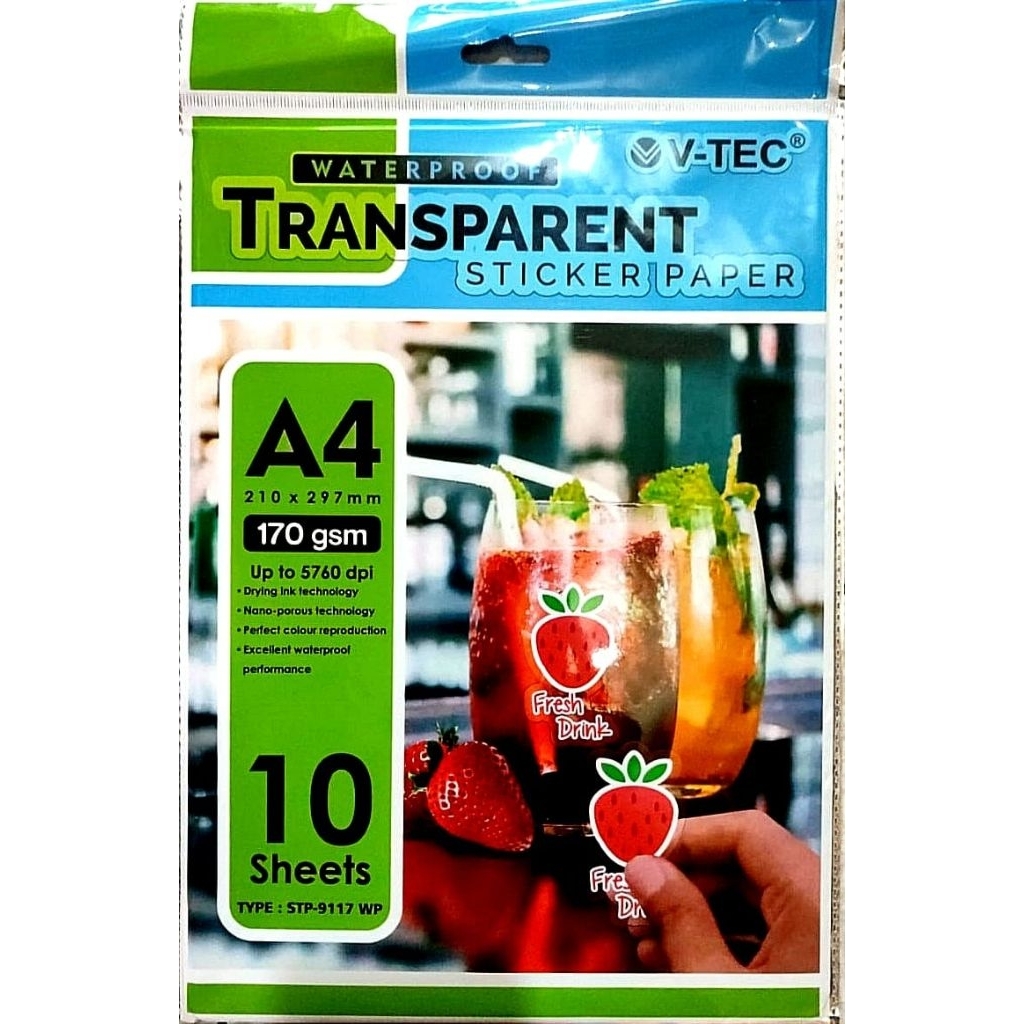 

Sticker Transparan Waterproof A4 V-TEC – 170gsm | Kertas Stiker Transparan Inkjet 10 Lembar - Alat Tulis Kantor/ATK Murah Medan