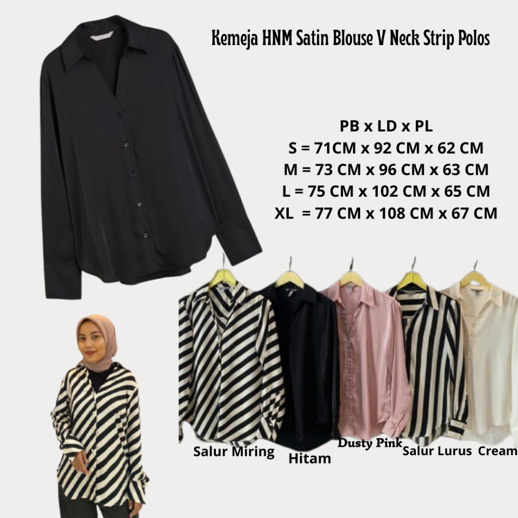 Kemeja HNM Satin Blouse V Neck Strip Polos