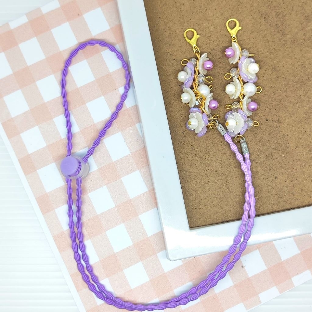 Strap Masker Bunga Mutiara Kristal Estetik/Strap Masker Bunga Teratai Purple