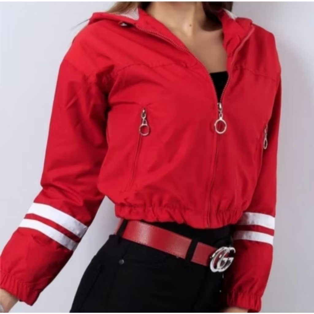 jaket crop wanita hoodie zipper korea style fashion wanita merah polet putih