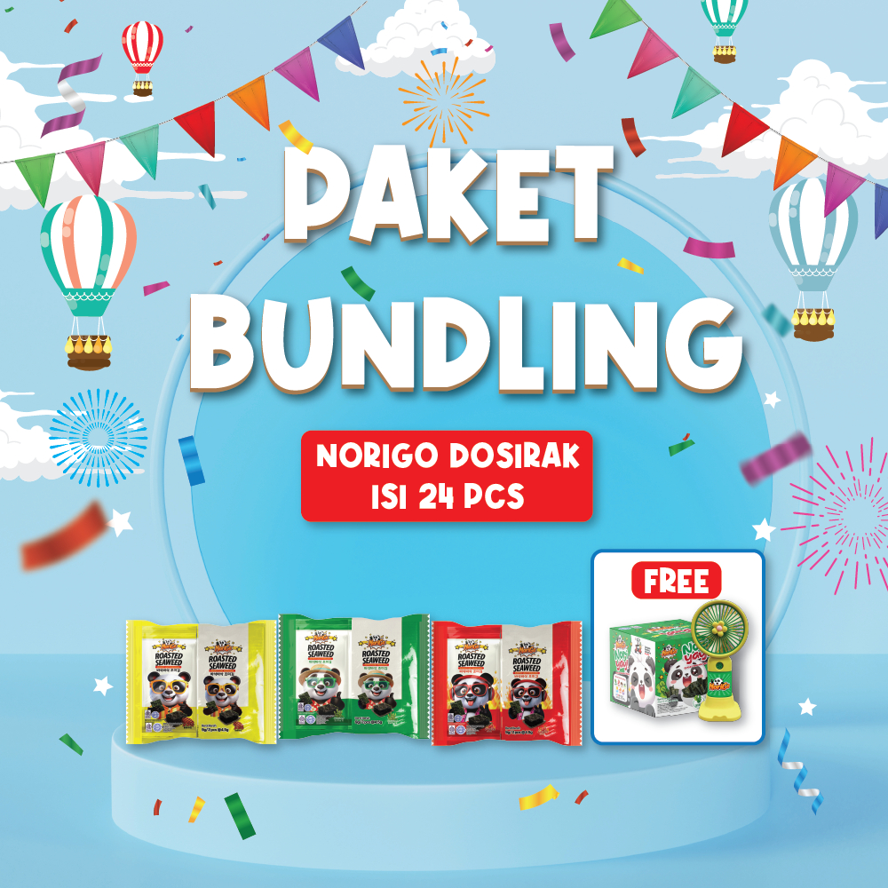 

(PAKET BUNDLING) HALAL NORIGO DOSIRAK RUMPUT LAUT PANGGANG ISI 24 PCS FREE MINI FAN PORTABLE & 1 BOX NORI YAY