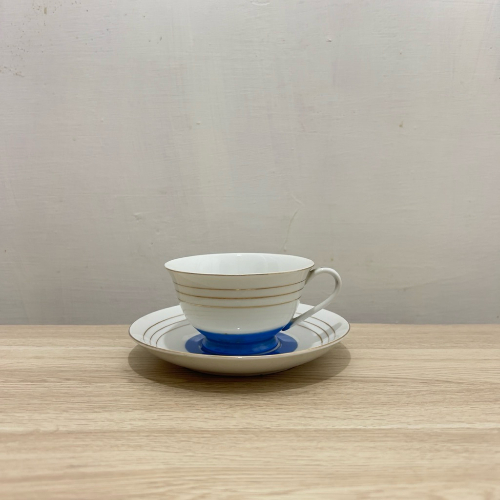 Set Cangkir Keramik Motif Garis Warna Biru Tea Cups Coffee Ukuran Diameter 9 cm Tinggi 6.5 cm Diamet