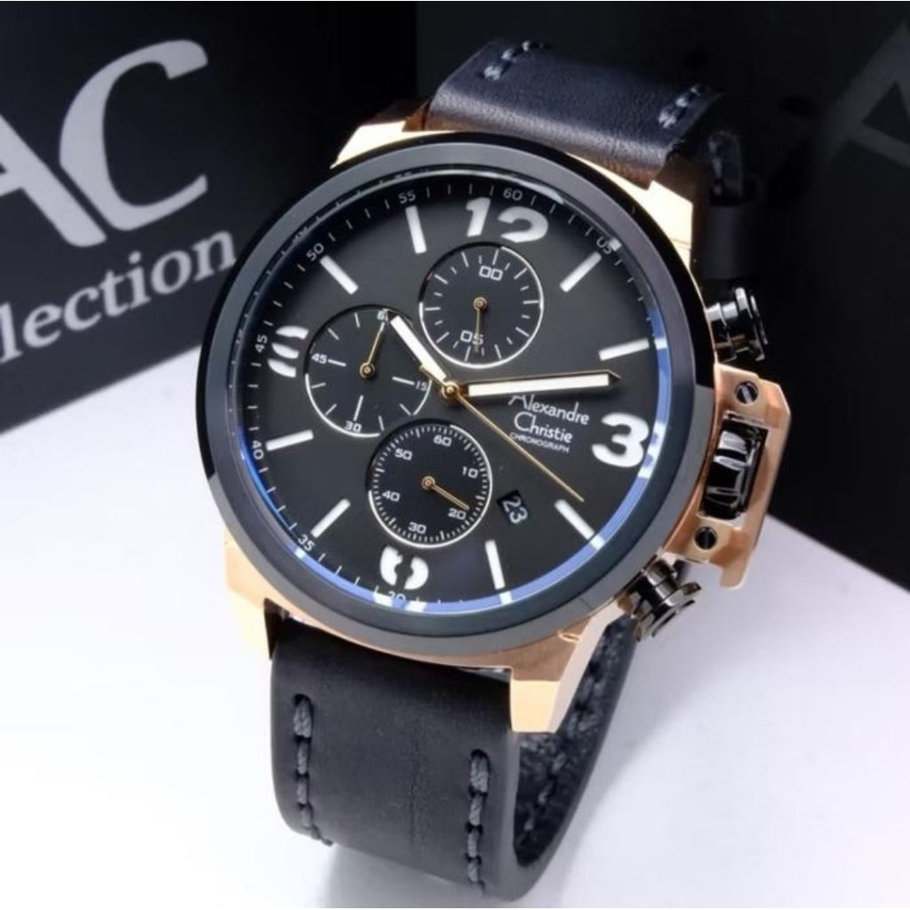 JAM TANGAN PRIA ORIGINAL ALEXANDRE CHRISTIE AC6280MC LEATHER STRAP  BLACK  ROSEGOLD