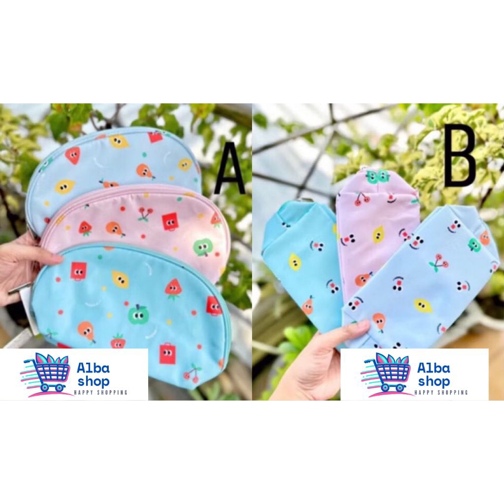 MINISO COSMETIC BAG SEMICIRCULAR POUCH TEMPAT KOSMETIK PINK GREEN BLUE MOTIF BUAH / POUCH TAS KOSMET