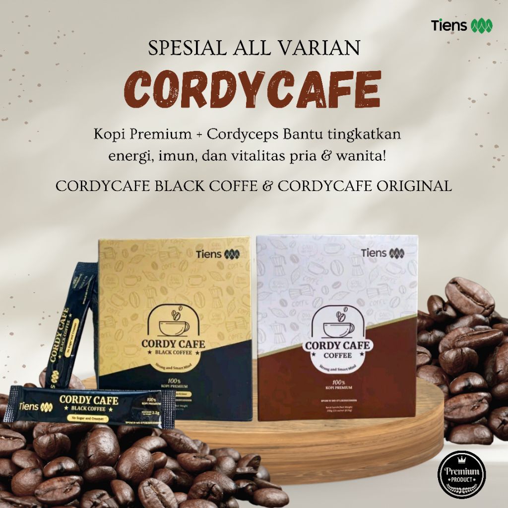 

CORDYCAFE Tiens All Varian Kopi Cordyceps Premium Box | Black Coffee isi 15 Sachet & Original isi 10 Sachet | Kopi Strong Vitalitas & Imunitas Stamina