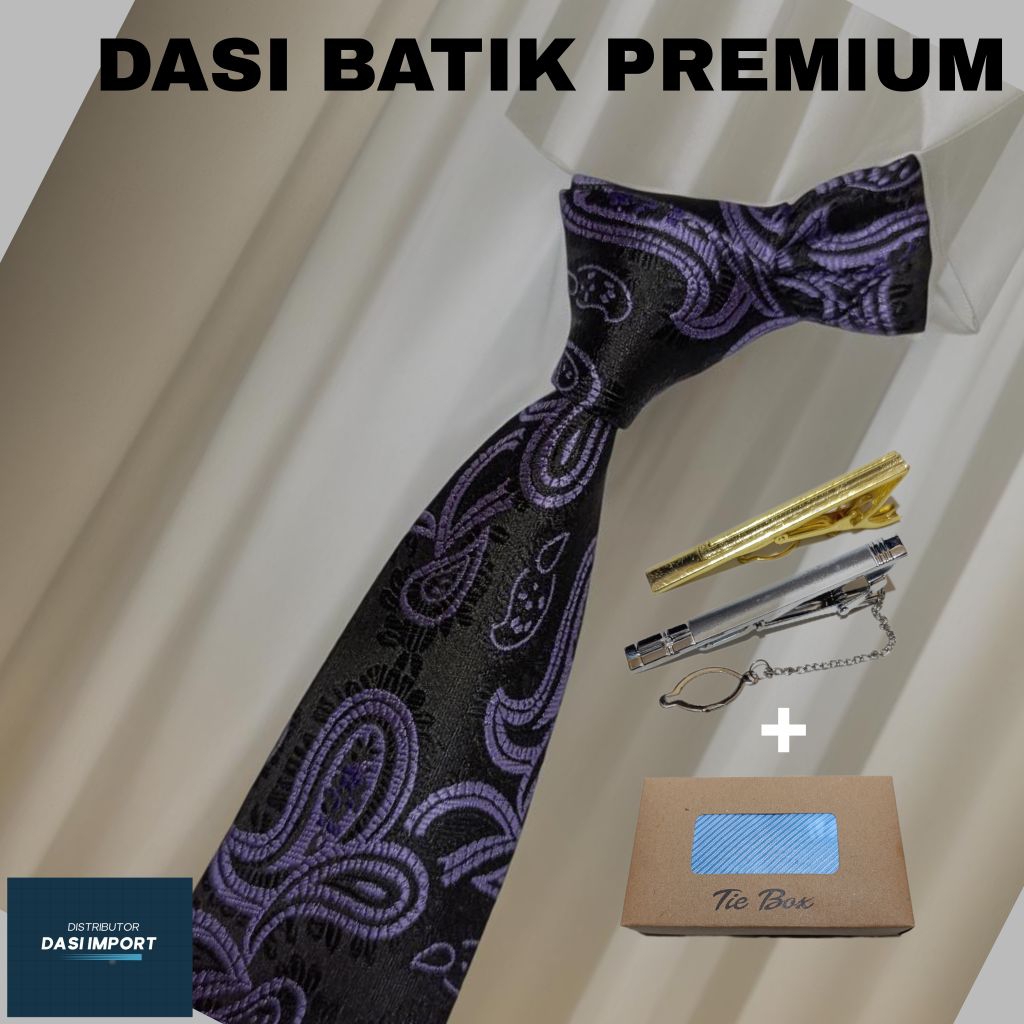 Paket Dasi Batik Pria + Penjepit  Dasi + Box Dasi Ukuran Medium 3 Inch Ungu