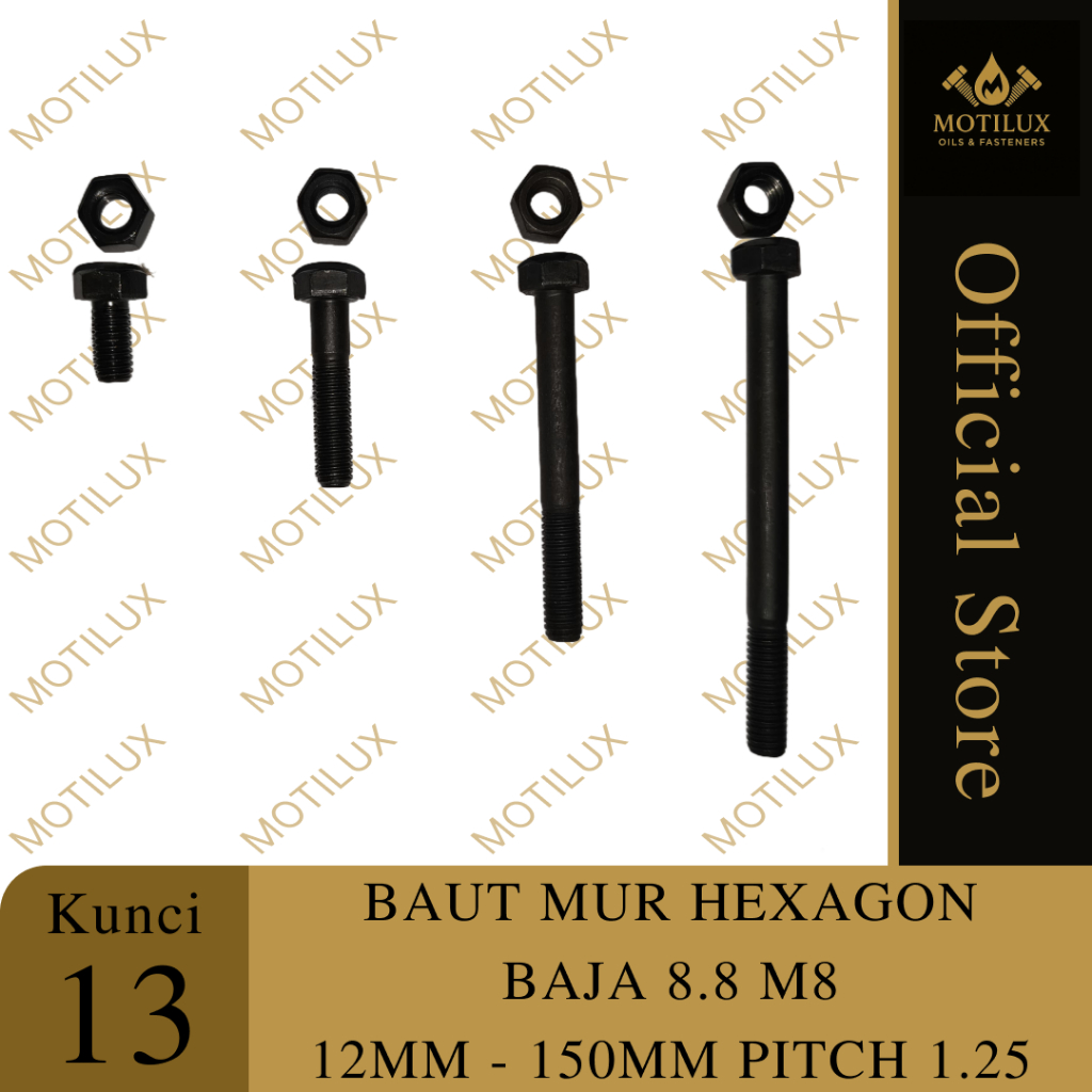 BAUT MUR BAJA 8.8 HEXAGON MILLI M8 PANJANG 12MM - 150MM PITCH 1.25 KUNCI 13 HITAM