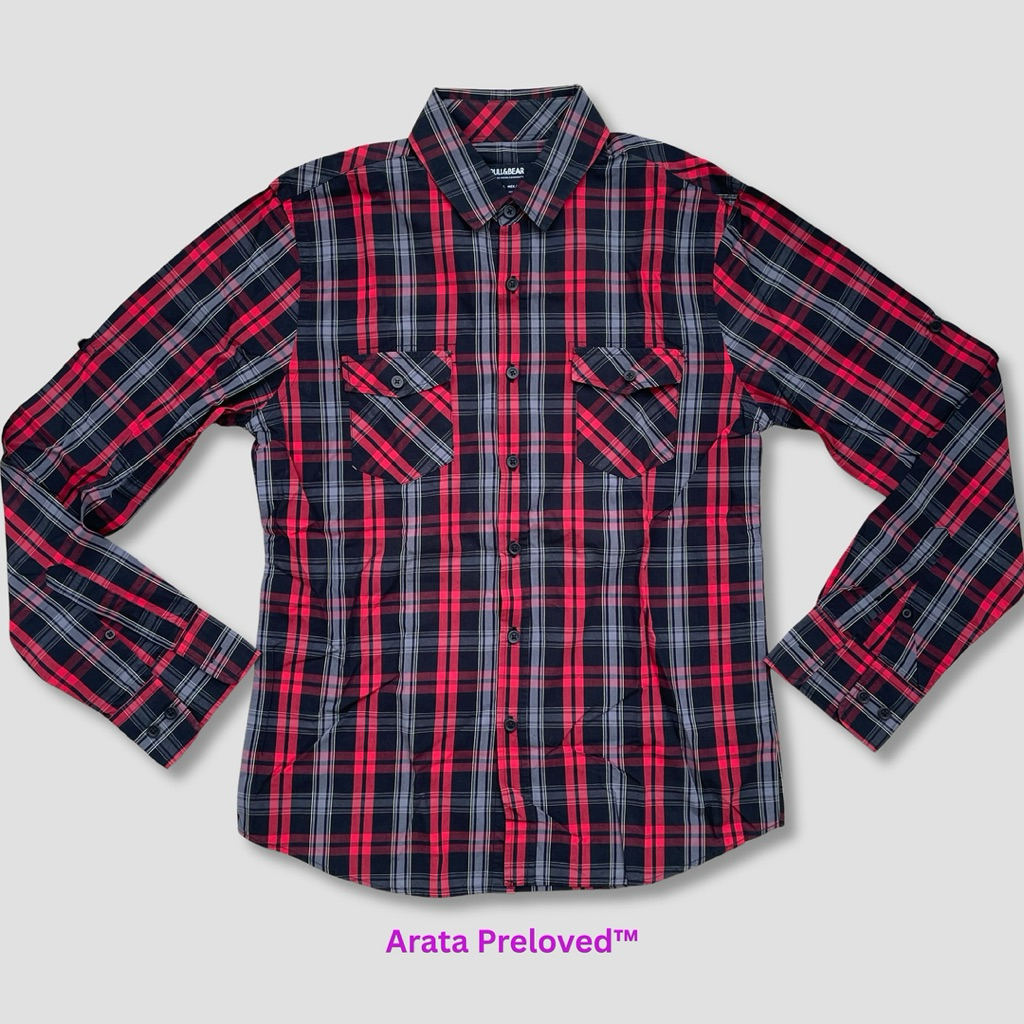 Kemeja Pull & Bear Checked Shirt Lengan Panjang Original