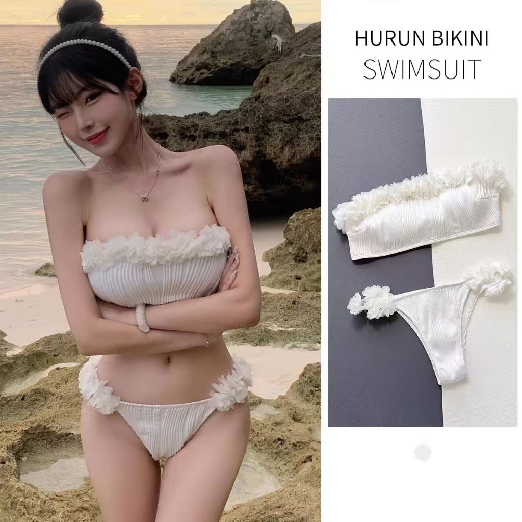 Swimsuit women super sexy three-point petal three-dimensional retro stripe soaking hot spring bikini