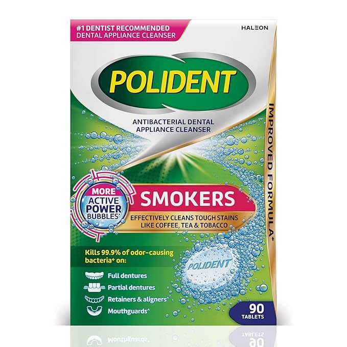 [90 Tablets] Polident Smokers Antibacterial Denture Cleanser Tablets - Made in the USA